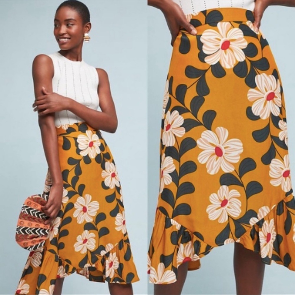 Eva Franco High Waisted Floral Asymmetrical Ruffle Hem Midi Skirt